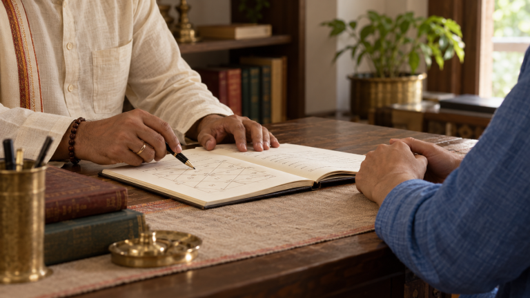 Two people discussing a birth chart at a wooden table