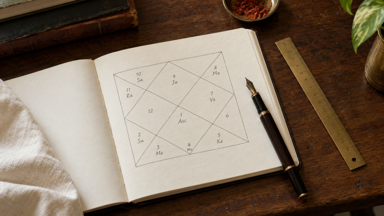 A hand-drawn birth chart in an open notebook beside a fountain pen and brass ruler
