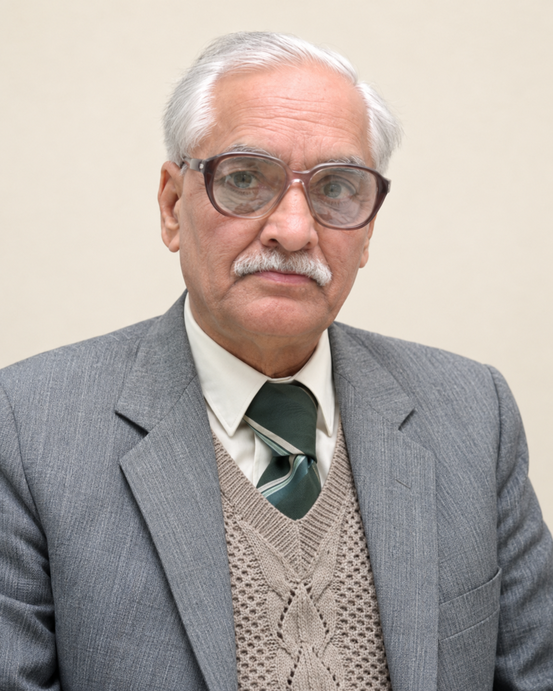 AI-generated commemorative portrait of Shri Lachhman Das Madan wearing glasses and a grey suit