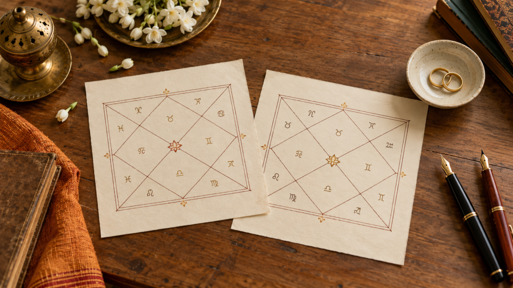 Two birth charts with jasmine flowers and a pair of wedding rings