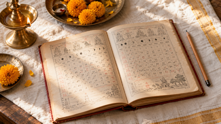 An open traditional almanac with marigolds and a brass lamp