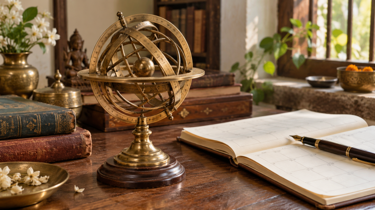 A brass armillary sphere beside a year planner in a sunlit study